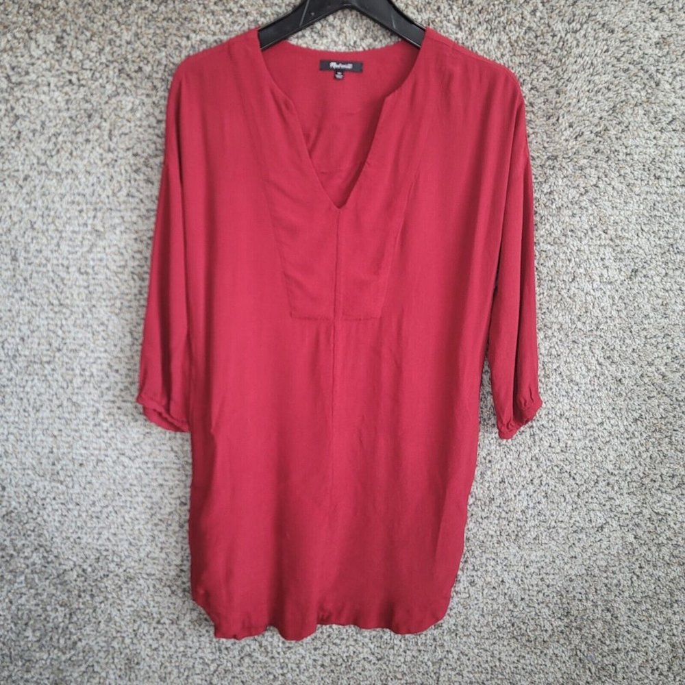 Madewell Dress Womens‎ XS Red V Neck Shift 3/4 Sleeve Viscose Casual Ladies